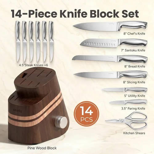 Vista 2 de SMIRLY Juego de cuchillos de 14 piezas con bloque para cocina, juego de Marrón oscuro