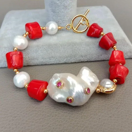 Vista 4 de Pulsera de perlas Keshi Cz pavé con perla blanca y coral rojo #22477