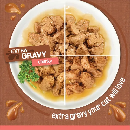 Vista 4 de Purina Friskies - Alimento húmedo extra en salsa para gatos, paquete variado de 24 unidades (con pollo, pavo, salmón, carne de res) (paquete de 24)