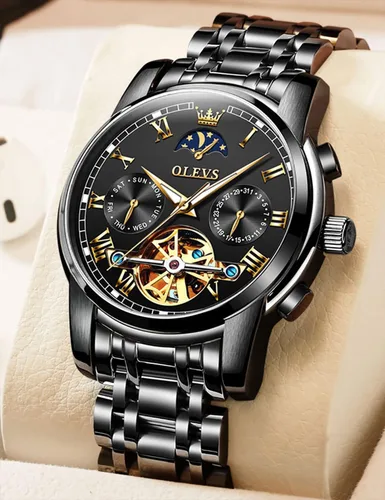 Vista 2 de OLEVS Relojes automáticos de cuerda automática para hombre, fecha y día, calendario, relojes de acero inoxidable, movimiento esquelético