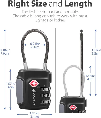 Vista 4 de Fosmon TSA - Cerraduras de cable aceptadas para equipaje, (paquete de 2) reconfigurables, fáciles de leer, combinación de 3 dígitos con cuerpo