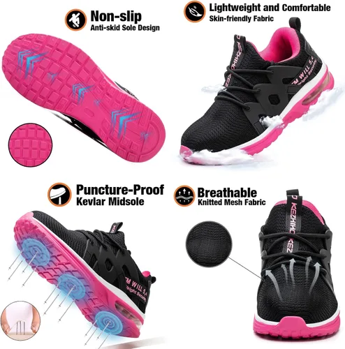 Vista 4 de Kezhiho Zapatos de punta de acero para mujer, con amortiguación de aire, ligeros, cómodos, transpirables, a prueba de pinchazos, antideslizantes