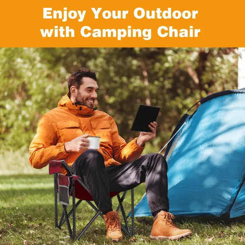Vista 3 de 2 sillas plegables para camping, portátil, para exteriores, resistentes, acolchadas, silla de césped con soporte para tazas, bolsillo de Rojo-algodón