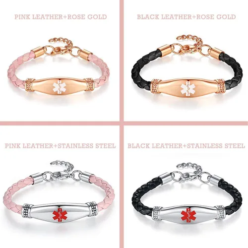 Vista 7 de LinnaLove Rose gold Medical Alert Bracelet for Women, Elegant Braided Pink Leather ID Jewelry, Adjustable Extension Fits 6.5"-8" Wrists