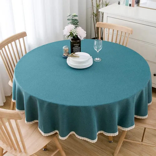 Vista 5 de Mantel redondo de granja decorativo, a prueba de polvo, sin arrugas, mantel de lino con ribete de encaje para mesa circular, color verde azulado, 60