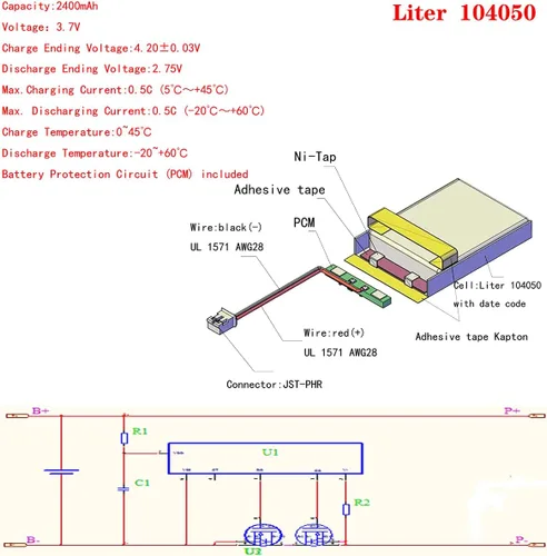 Vista 3 de Liter 3.7V 2400mAh 104050 Lipo Batería recargable de iones de polímero de litio con conector JST 0.079 in