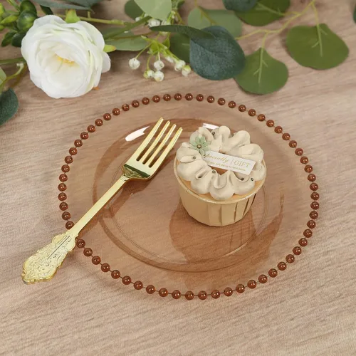 Vista 8 de Efavormart - Paquete de 10 platos de plástico para aperitivos de postre en oro ámbar con borde de cuentas, platos redondos desechables para ensalada