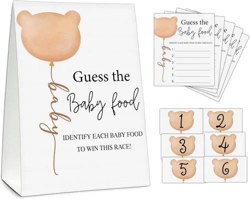 Vista 8 de Guess the Baby Food Party Games, juego de baby shower, 1 letrero de pie + 25 tarjetas de respuesta + 6 tarjetas de números, suministros