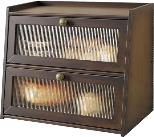 Vista 7 de Panera de bambú grande de doble capa para encimera de cocina, contenedor de almacenamiento de pan de gran capacidad de madera con soporte para pan