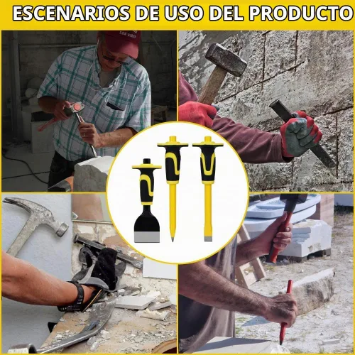 Vista 8 de Juego de cinceles resistentes de 3 piezas con protección de manos, cinceles de piedra de hormigón y mortero, utilizado para demolición, tallado