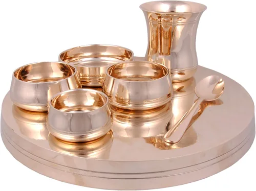 Vista 4 de Shiv Shakti Arts® Bronce Juego de vajilla Kansa Thali - 7 piezas, dorado - (Pure Kansa - Juego de cena de lujo premium)