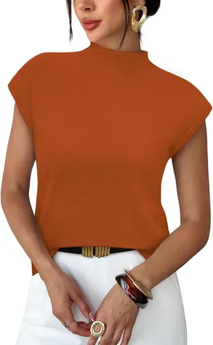 Vista 25 de Sampeel Suéter de manga corta para mujer, cuello alto, para verano, elegante, informal, básico, de punto