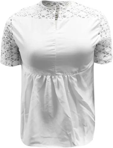 Vista 7 de Women Summer Tops White Lace Hollow Out Stitching T Shirt Casual Round Neck Pullover Elegant Tunic Blouse Tees