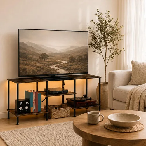 Vista 9 de Soporte de TV LED para dormitorio, soporte de TV negro de 50 pulgadas con toma de corriente, centro de entretenimiento pequeño de 3 niveles