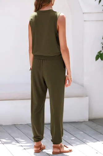 Vista 2 de PRETTYGARDEN Conjunto deportivo de verano de 2 piezas para mujer, con cuello en V, camiseta sin mangas, pantalones deportivos, casuales