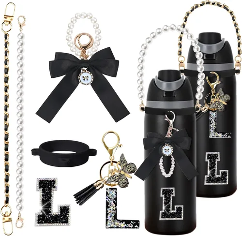 Vista 102 de 6 piezas de accesorios con letras para botella de agua Owala 24 oz 32 oz 40 oz, con lindos dijes iniciales y correa para el asa, compatible