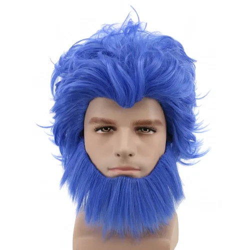 Vista 2 de yuehong Peluca azul rizada corta para hombre, cosplay de anime en capas