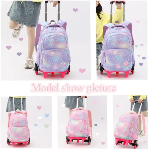 Vista 7 de EKUIZAI Colorido corazón impresión Trolley mochila escuela primaria estudiantes Rolling Bookbag lindo niñas mochila con ruedas, púrpura, Classic