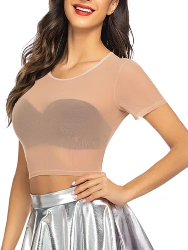 Vista 4 de Avidlove Camiseta corta de malla para mujer manga corta ajustada transparente cuello redondo ropa de club Blanco