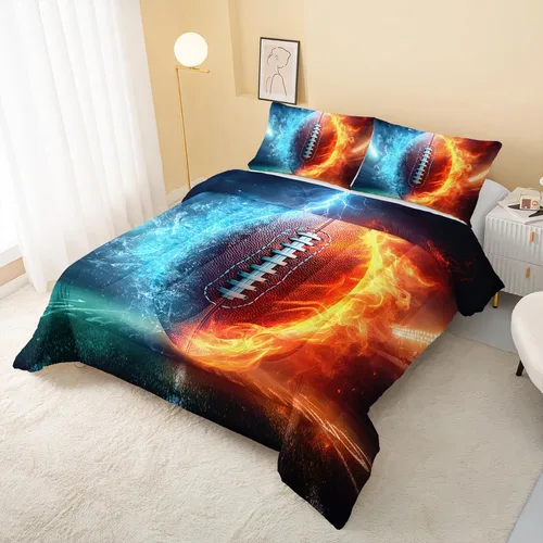 Vista 3 de QOOMO Juego de edredón de fútbol americano de 3 piezas, tamaño individual, juego de ropa de cama de fuego y agua para adolescentes, niños y niñas
