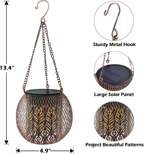 Vista 6 de LeiDrail Paquete de 2 faroles solares colgantes para exteriores, impermeables, de metal, luz decorativa para patio, patio, árbol, mesa, paisaje