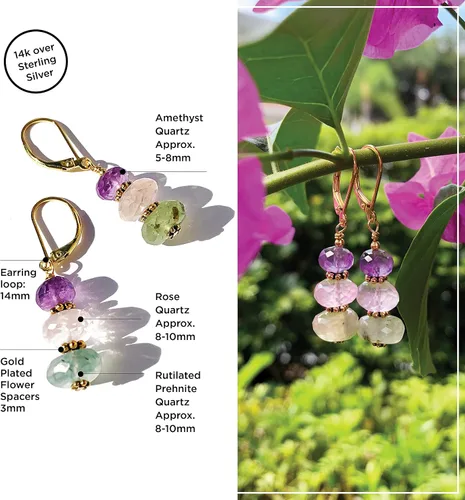 Vista 4 de Aretes de amatista prehnite de cuarzo rosa, hechos a mano, piedras preciosas mixtas naturales, piedras preciosas verdes, rosas y moradas, joyería