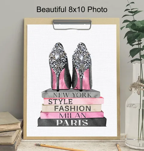 Vista 4 de Póster artístico de pared con diseño de zapatos de diseñador rosa y negro, decoración glamorosa para el hogar, decoración de pared glamorosa