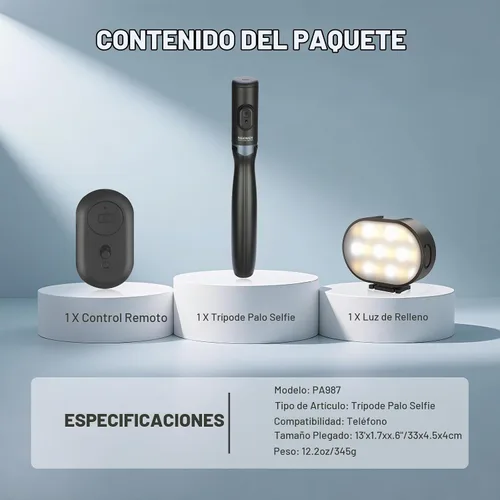 Vista 9 de NEEWER Trípode selfie stick de nivel de entrada con luz y control remoto compatible con iPhone Samsung Android, soporte portátil extensible de 67