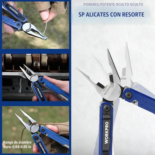Vista 8 de WORKPRO - Alicates multiherramienta 18 en 1, cuchillo de bolsillo, 2 cerraduras de seguridad, EDC, azul Gifts for Men Dad Women Wife, Stainless