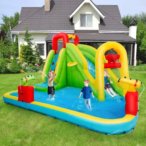 Vista 2 de OLAKIDS Tobogán acuático inflable, casa de rebote 7 en 1 con 2 toboganes, pared de escalada, piscina de salpicaduras, borde de baloncesto, 2