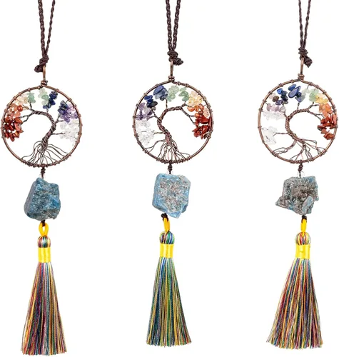 Vista 6 de rockcloud Adorno colgante de árbol de la vida de 7 chakras con borla de piedra cruda irregular para pared, coche, hogar, boda, boda, apatita azul