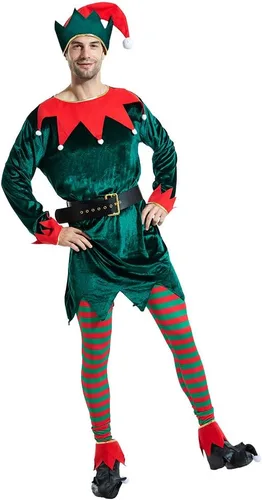 Vista 3 de ReneeCho Disfraz de elfo para adultos, de Navidad, para hombre, de taller, de elfo, para mujer, color verde