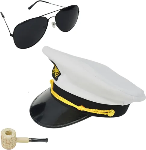 Vista 3 de 4E's Novelty Juego de 3 accesorios de disfraz de sombrero de capitán de yate, sombrero de capitán ajustable, gafas de sol de aviador y pipa