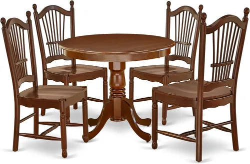 Vista 9 de East West Furniture ANDO3-BCH-W Juego de mesa de comedor de 3 piezas contiene una mesa redonda de madera con pedestal y 2 sillas de comedor