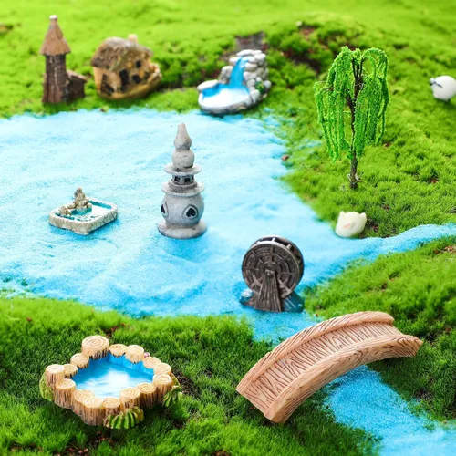 Vista 5 de Jetec 12 piezas de accesorios de jardín en miniatura, puente, mini faro, pozo de agua, figuritas de puente, figuritas de adorno para estanque