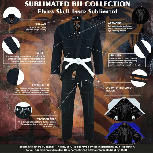 Vista 3 de Elvira Skull Interior Sublimado Pro Brazilian Jiu Jitsu BJJ Kimono Gi Uniforme Unisex Cinturón incluido