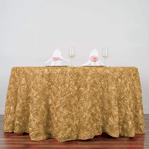 Vista 6 de BalsaCircle Mantel redondo con rosetas elevadas de satén champán de 132 pulgadas, para bodas, fiestas, comedor