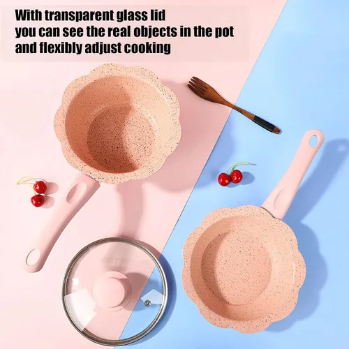 Vista 4 de Alvinlite Sartén antiadherente, mini sartén rosa para leche para bebés, juego de utensilios de cocina multifunción con tapa transparente para cocina