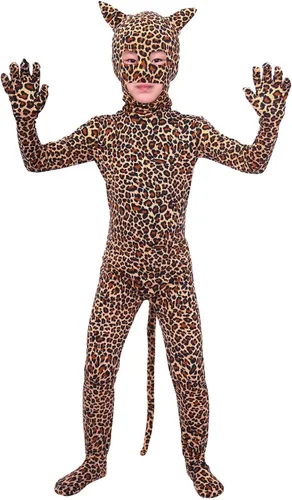 Vista 10 de Aniler Disfraz de Halloween de elastano para niños de 6 a 16 años, body de animal para cosplay, overol para niñas Negro