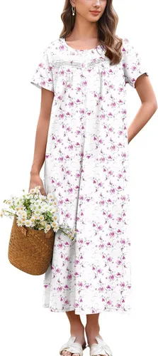 Vista 17 de Ekouaer Camisón para Mujeres de Algodón Camisón Largo de Noche Camisón de Manga Corta con Bolsillos Camisón con Botones Ropa de Dormir Suave