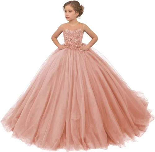 Vista 23 de Precioso vestido de niña de flores de tul para niños de boda con cuentas princesa sin mangas vestidos de baile