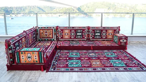 Vista 3 de arabicsofa Sofá de piso árabe granate en forma de L - Juego de asientos modulares de esquina para habitación de invitados