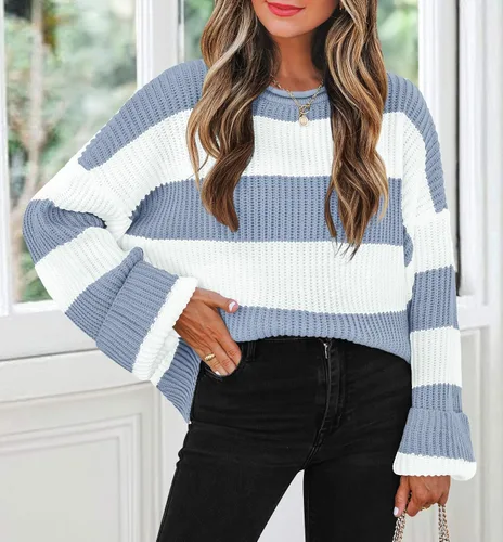 Vista 42 de ZESICA Suéter tejido sin botones de manga larga y cuello redondo, a rayas, bloques de color, cómodo, holgado, talla extragrande para mujer de 2024