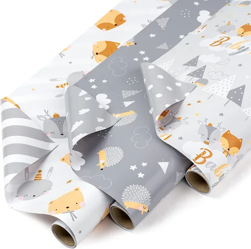 Vista 13 de WRAPAHOLIC Papel de regalo de oso para baby shower, mini rollo, 3 rollos, 17 x 120 pulgadas, diseño de oso de aventura en avión y fiesta para baby