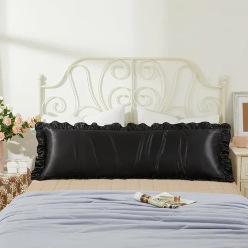 Vista 29 de Fundas de almohada de satén negro con volantes para el cabello y la piel, juego de 2 fundas de almohada de seda negras de tamaño estándar con cierre
