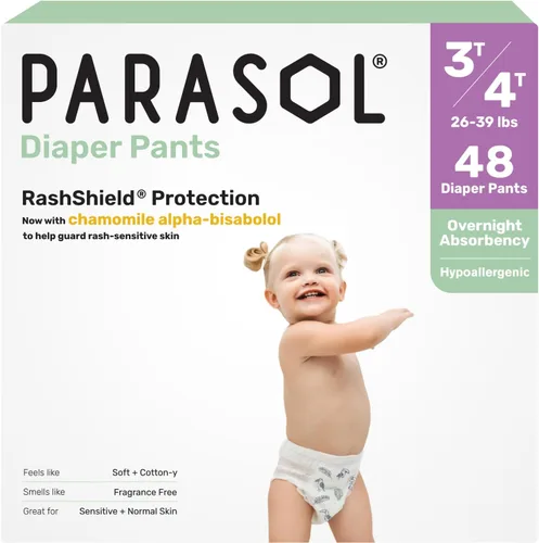 Vista 10 de Parasol Pantalones de pañales desechables sin cloro, talla 4 (2T-3T), 48 unidades, estilo de meter con protección RashShield y envoltura cómoda