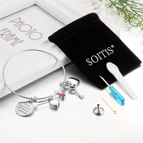 Vista 3 de Pulsera de urna para cenizas con forma de corazón para cenizas de acero inoxidable con dije de mariposa o cruz