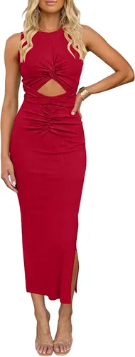 Vista 7 de oten Vestido largo sexy para mujer, fruncido, sin mangas, con nudo y abertura, acanalado, para fiesta, club, salida nocturna