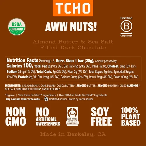 Vista 2 de TCHO Aww Nuts! Barras de chocolate negro 75% (paquete de 3) A base de plantas, orgánicas y de comercio justo, sin OMG, sin lácteos, veganas, sin