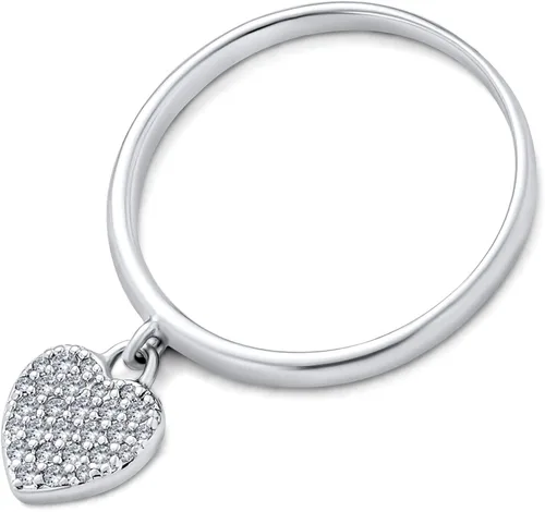 Vista 2 de Simple Delicate .925 Sterling Silver Pave Dangle Heart Charm Ring For Teen For Girlfriend 1MM Thin Band
